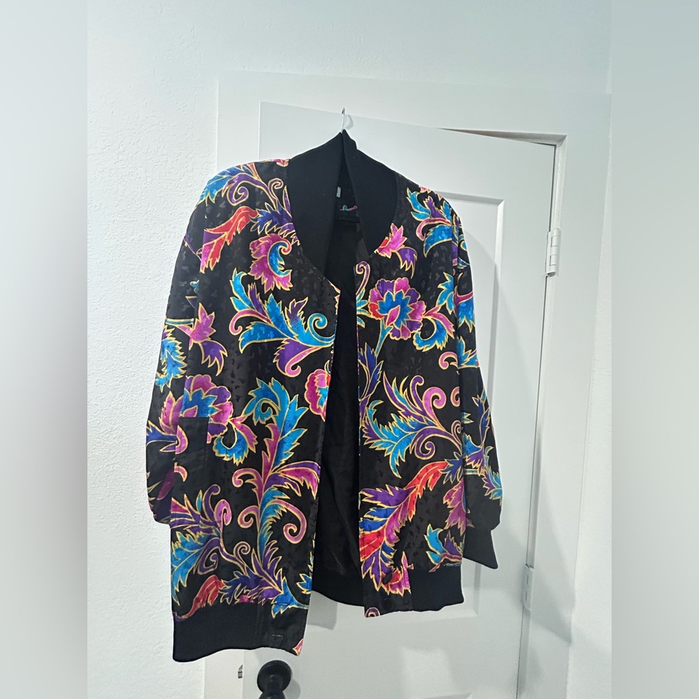 Women's Black Bomber Jacket with Multicolor Floral Print